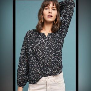 Anthro Velvet by Graham & Spencer Black Floral Collarless Peasant Blouse Top S